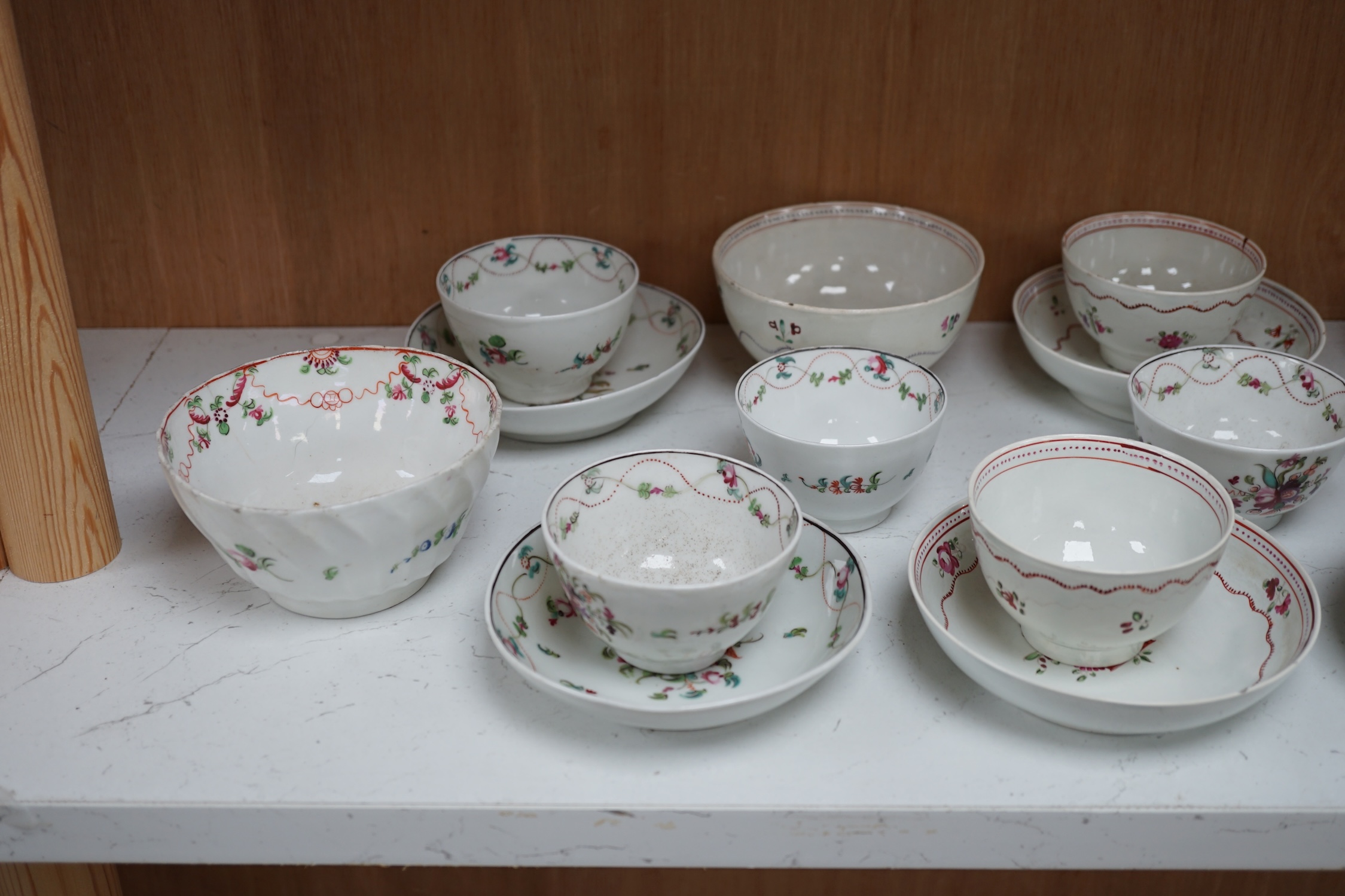 A collection of late 18th century English pearlware and porcelain teawares, Liverpool, Staffordshire, etc. Condition - fair